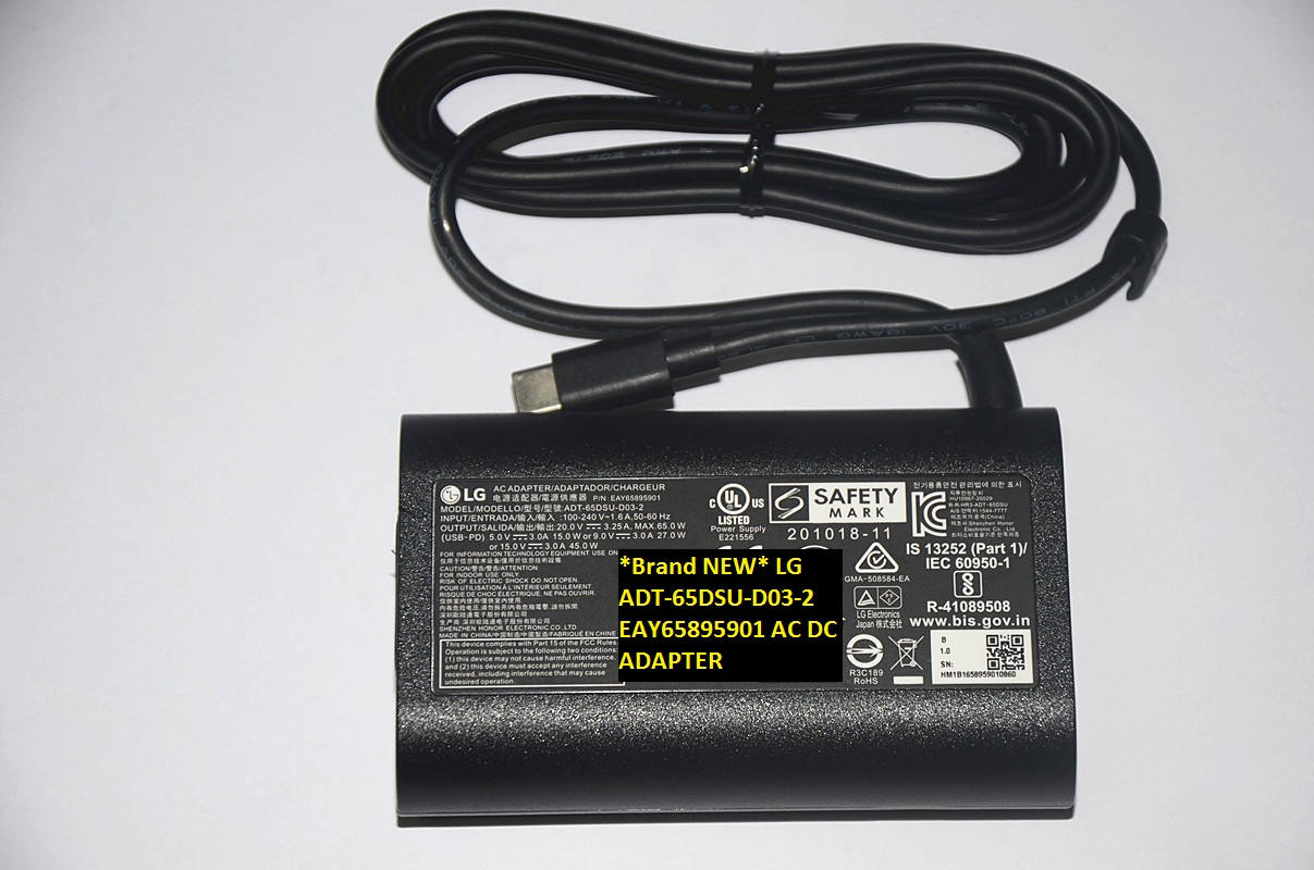 *Brand NEW* LG ADT-65DSU-D03-2 EAY65895901 9.0V 3.0A 27.0W 20.0V 3.25A 65.0W USB-PD AC DC ADAPTER *Brand NEW* LG ADT-65DSU-D03-2 EAY65895901 9.0V 3.0A 27.0W 20.0V 3.25A 65.0W USB-PD AC DC ADAPTER